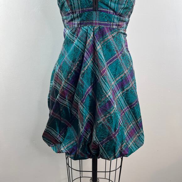 Camille La Vie Halter Plaid Bubble Dress Teal Purple Mini Jacquard Size XS - Picture 3 of 9